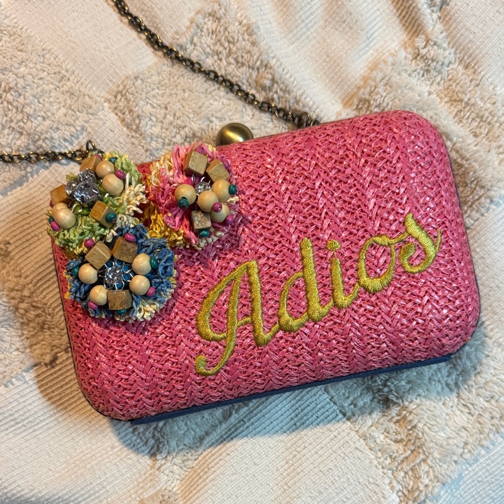 Miss Albright Pink Woven Clutch with 'Adios' Embroidery